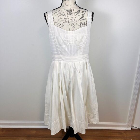 Liz Claiborne Dresses & Skirts - Liz Claiborne White Cotton Striped Sundress Womens Size 14 Pleated Midi Dress